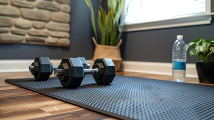 workout corner at home featuring hefty dumbbells on a mat, complemented by a water bottle and indoor greenery for an energized session