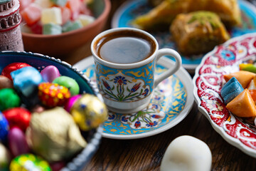 Turkish Coffee in the Colorful Eid Candy and Chocolate, Traditional Ottoman Desserts, Turkish Delight and Baklava Photo, Üsküdar Istanbul, Turkiye (Turkey)