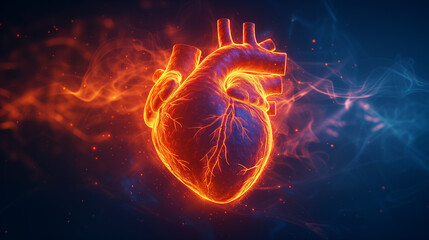 Human heart outlined with flames and smoke on dark blue background.