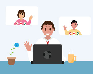 Business people having video conferences on a laptop. flat vector illustration.