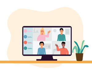 Business people having video conferences on a laptop. flat vector illustration.
