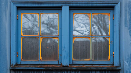 Dirty windows on a rusty blue house. In need of cleaning.