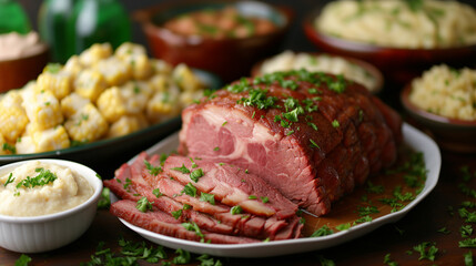 Irish meat and potato dishes on a dining table. - obrazy, fototapety, plakaty