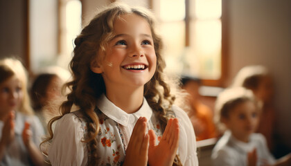 Smiling girls, cheerful boys, joyful children playing, learning together indoors generated by AI