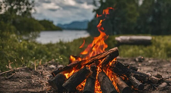 fire camp or bonfire in the middle of nature with a lake and fresh forest. motion of campfire