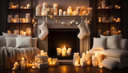 Fototapeta premium Cozy winter night, candlelight glowing, illuminating comfortable home interior generated by AI