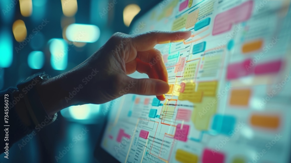 Poster touching future data: hand on high-tech digital display