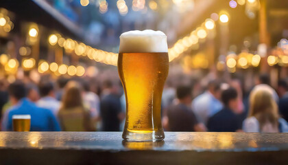 Draft beer on the table. Beer hall.