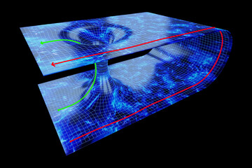 The coiled space of time is connected by a tunnel or wormhole, the Einstein-Rosen Bridge. Science Fiction, space travel, overcoming the speed of light. 3D illustration, 3d rendering, copy space.