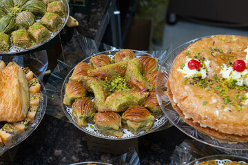 Turkish Dessert Background, Traditional Turkish Pistachio Sugarpare (Fistikli Sekerpare) and Kadayif Sherbet Desserts Photo, Fatih Istanbul, Turkiye (Turkey)