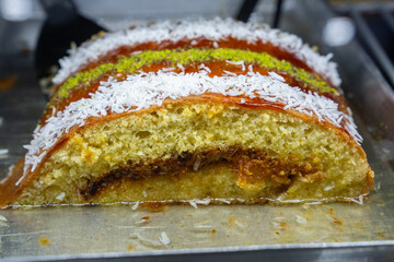 Turkish Dessert Background, Traditional Turkish Pistachio Sugarpare (Fistikli Sekerpare) and Kadayif Sherbet Desserts Photo, Fatih Istanbul, Turkiye (Turkey)