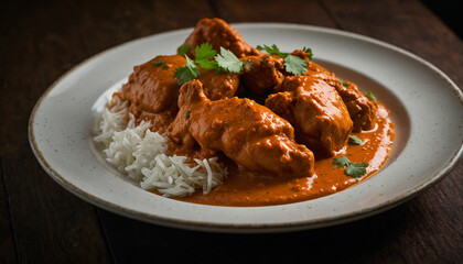 A serving of butter chicken arranged elegantly on a vintage white plate, juxtaposed against the deep, earthy tones of a dark wooden table, creating a visually striking composition