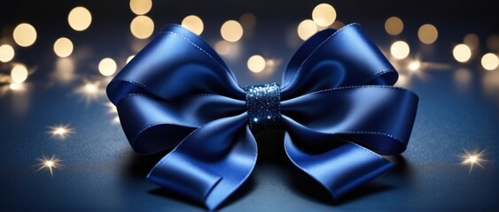 Dark blue satin ribbon bow on sparkling background. - obrazy, fototapety, plakaty