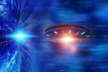 UFO in the background of a tunnel or wormhole in spacetime, Einstein-Rosen Bridge. Science fiction, space travel, overcoming the speed of light. 3D illustration, 3D rendering, copy space.