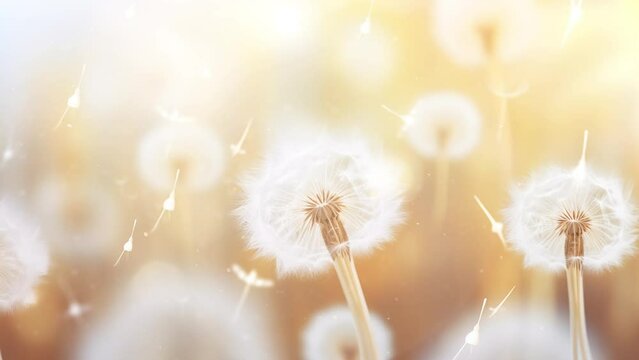 Abstract blurred nature background dandelion seeds. dandelion seeds in the wind. seamless looping overlay 4k virtual video animation background 