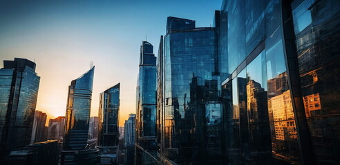 Business City buildings with many glass windows in sunset banner. Abstract business background with...