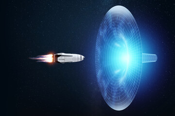 Rocket spaceship flies into a tunnel or wormhole. Science Fiction, space travel, overcoming the speed of light. 3D illustration, 3d rendering, copy space.