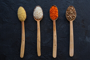 Various Spices, Legumes and Herbs on Black Background Photo, Uskudar Istanbul, Turkiye (Turkey)