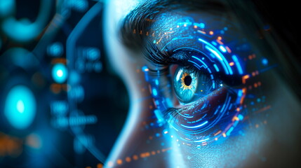 A close-up of an eye with a blue cybernetic enhancement, evoking a sense of futuristic vision and...