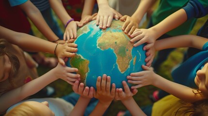 Children hug the earth globe with their hands. Earth Day concept