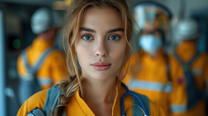 Female Paramedic with Medical Team in the Background