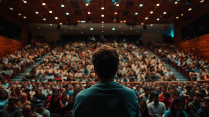 speaker in front of the audience back view, debate, male lecturer speaking in front of a hall of people, the concept of public speaking abstract fictional 