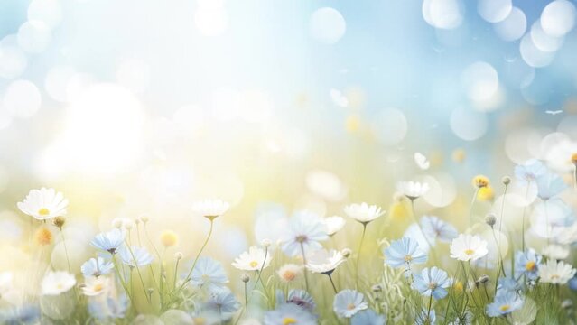 Colorful wild flower meadow with blue sky and sun. spring flowers background. seamless looping overlay 4k virtual video animation background 