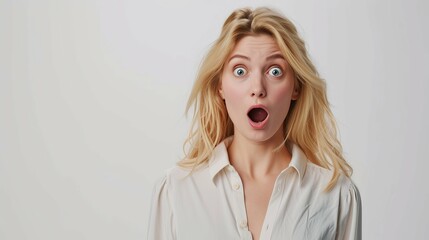 Woman with stunned shocked face. indoor studio shot isolated on white background
