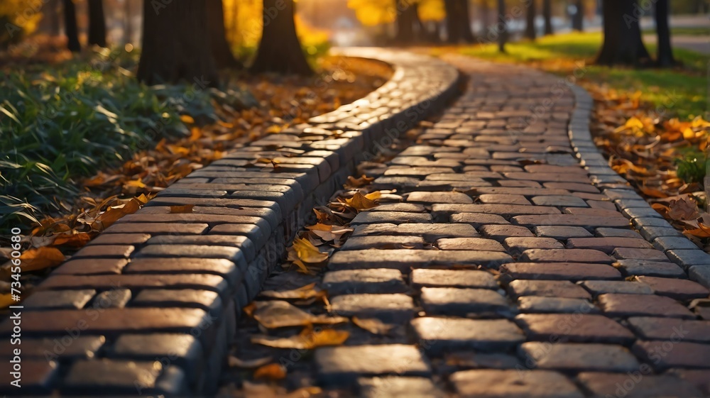 Poster beautiful autumn park with a bricks walkway winding its way through at sunset from generative ai