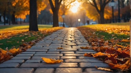 Naklejka na ściany i meble Beautiful autumn park with a bricks walkway winding its way through at sunset from Generative AI