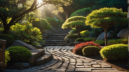 Beautiful japanese garden with a bricks walkway winding its way through at morning with sunlight rays from Generative AI