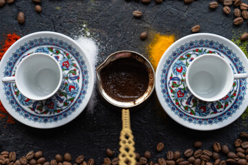 Coffee Pot (Cezve) and Turkish Coffee (Turk Kahvesi) in the Middle of Coffee Beans Photo, Uskudar Istanbul, Turkiye (Turkey)