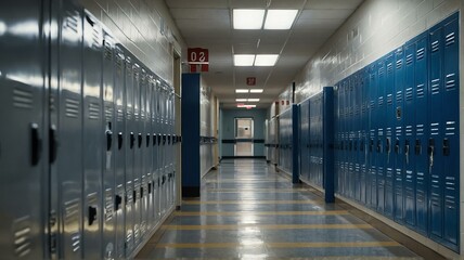 Middle school or high school hallway corridor with blue student lockers on the side from Generative AI