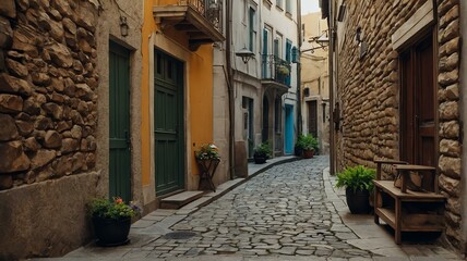 Narrow alleyways in historic quarters landscape view for celebrations and greeting card from Generative AI