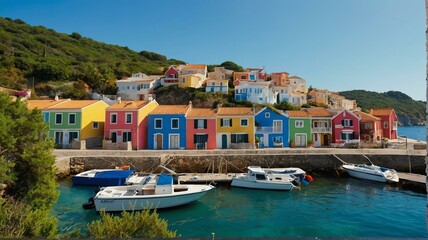 Fototapeta na wymiar Picturesque seaside villages with colorful houses landscape view for celebrations and greeting card from Generative AI
