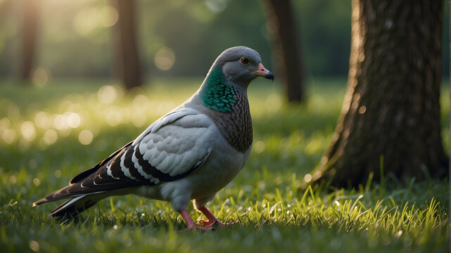 close-up of an ordinary pigeon standing on green grass,