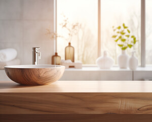 Fototapeta na wymiar Modern Bathroom with Wooden Details and Round Sink