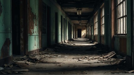 Fototapeta na wymiar Scary hallway walkway in abandoned building from Generative AI