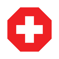 Obraz premium Red cross first aid octagon flat color sign medicine Symbol health hospital care icon white. Emergency medic red white collection plus logo design for web mobile isolated on background