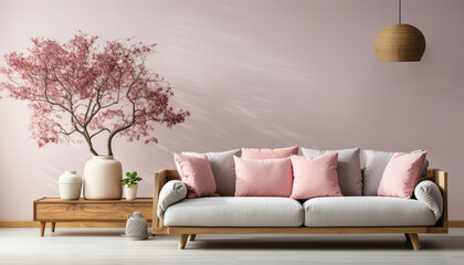 Comfortable modern living room with elegant decor and bright pink accents generated by AI