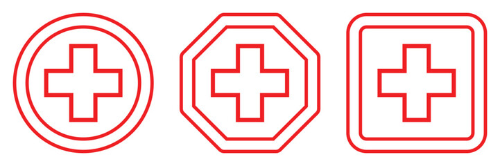 Set red cross first aid outline color different shapes sign medicine symbol hospital icons white. Emergency medic red white collection plus logo design for web mobile isolated on background