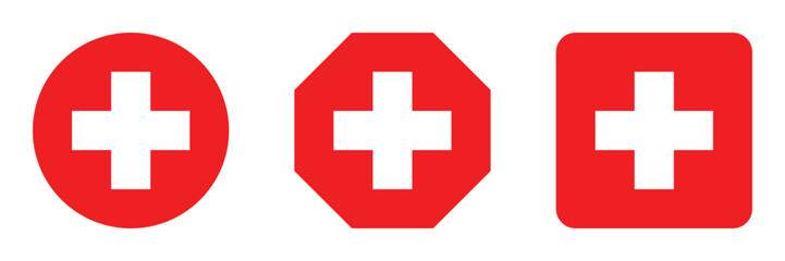 Set red cross first aid flat color different shapes sign medicine symbol hospital icons white. Emergency medic red white collection plus logo design for web mobile isolated on background
