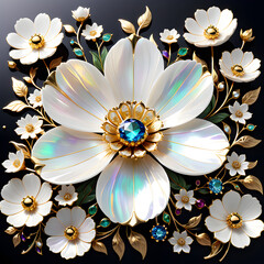 Create 4K+ AI art prompt: Craft an intricate cosmos flower with mother-of-pearl, gems, and gold, emphasizing beauty, symmetry, and elegance.(Generative AI) 
