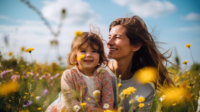 Mother's Day - mother and daughter in flower field, Generative ai