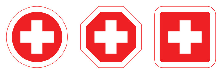 Set red cross first aid lineal color different shapes sign medicine symbol hospital icons white. Emergency medic red white collection plus logo design for web mobile isolated on background - obrazy, fototapety, plakaty