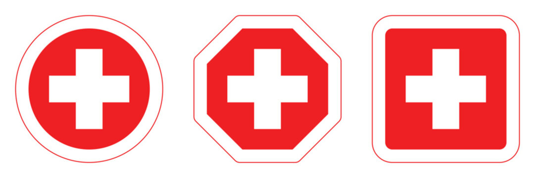 Set red cross first aid lineal color different shapes sign medicine symbol hospital icons white. Emergency medic red white collection plus logo design for web mobile isolated on background