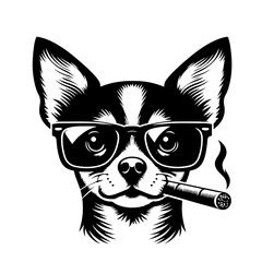 Chihuahua wearing dark glasses and holding a cigarette