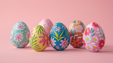Easter eggs painted with bright floral patterns on a playful coral background