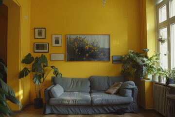 a living room with yellow walls and a grey sofa