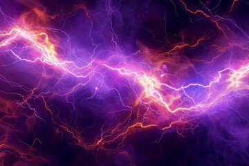 Vibrant background with lightning bolts on violet, colorful neon light, electrical texture, high energy, voltage. - obrazy, fototapety, plakaty